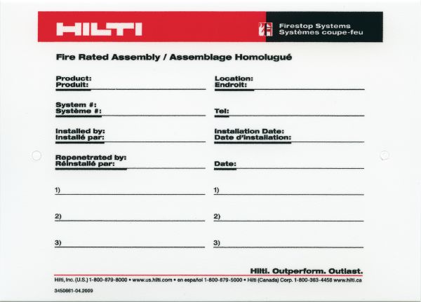 Firestop system plastic label