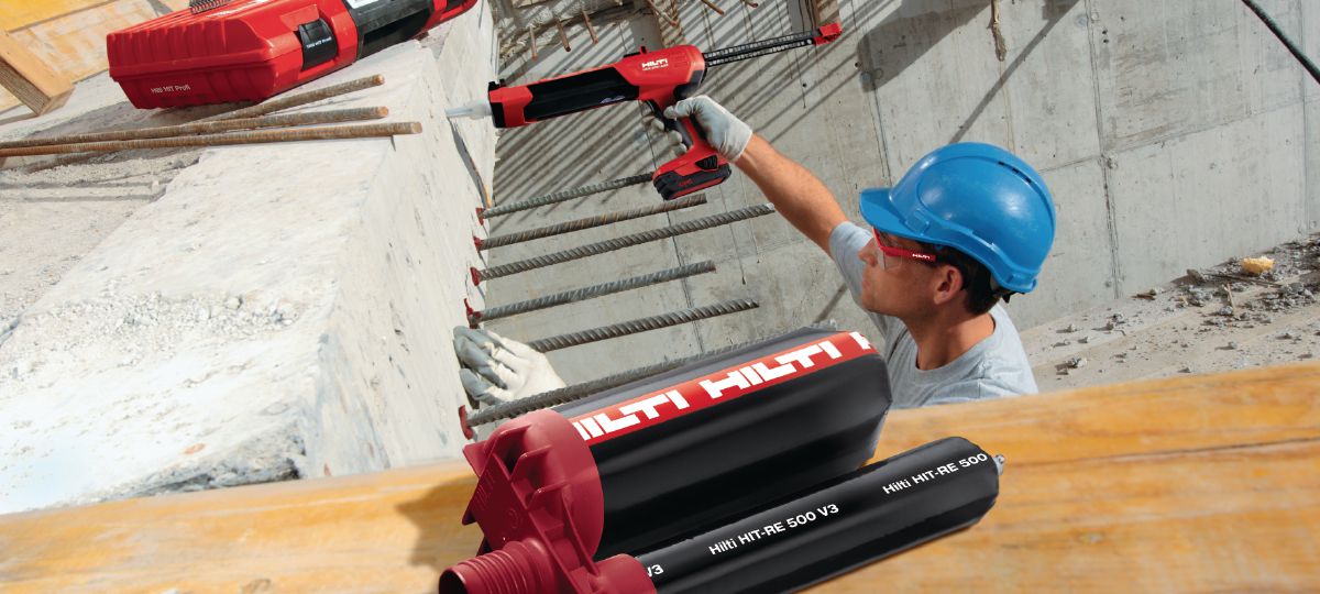 HIT-RE 500 V3 injectable adhesive mortar, ED 3500-A cordless dispenser, Rebar