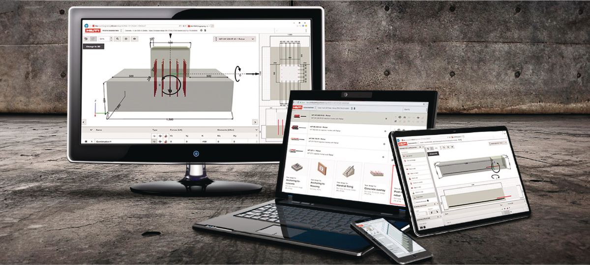 Landing pages of Profis engineering suite software shown in the screen of the PC, tablet and mobile device